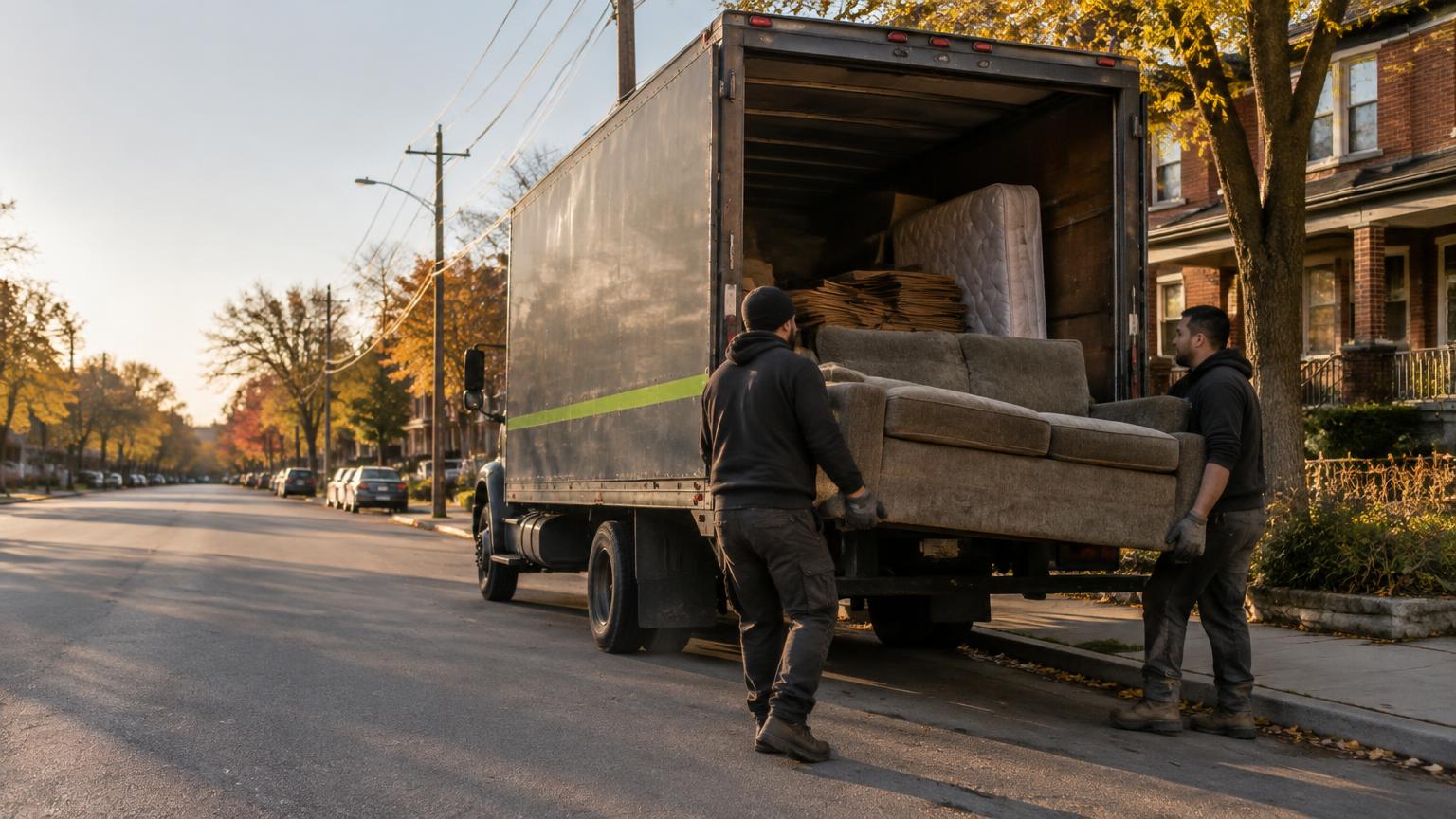 IAMJUNK crew loading a sofa into a 20 cubic yard truck on a Toronto street